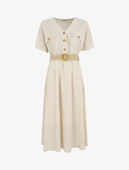 Robe longue uni manches courtes - Beige - 5