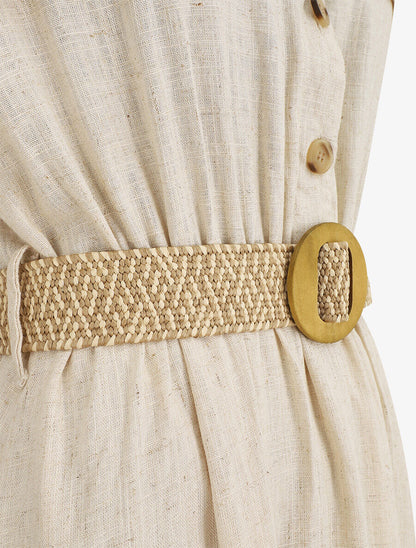 Robe longue uni manches courtes - Beige - 3