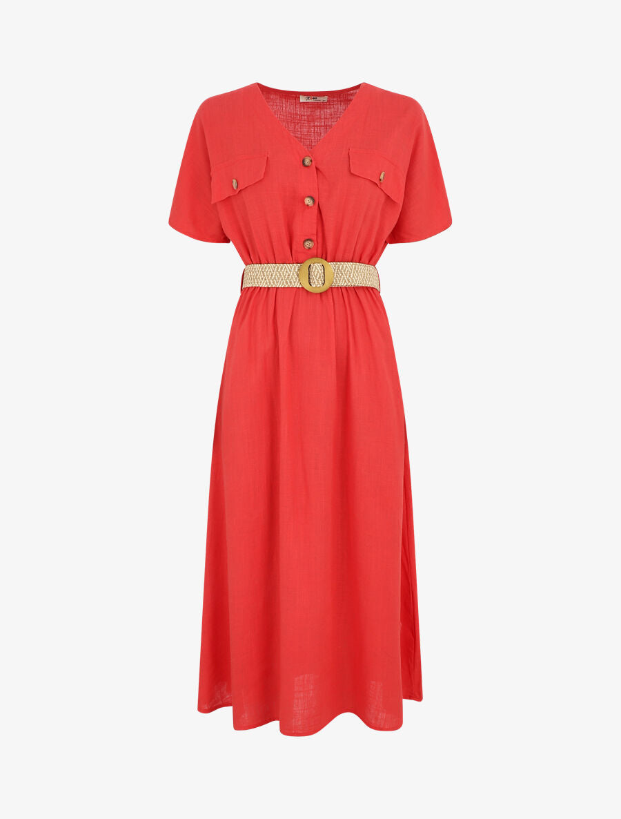 Robe longue uni manches courtes - Rouge - 5