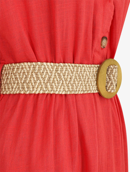 Robe longue uni manches courtes - Rouge - 3