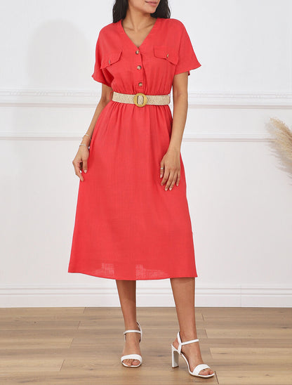 Robe longue uni manches courtes - Rouge - 4
