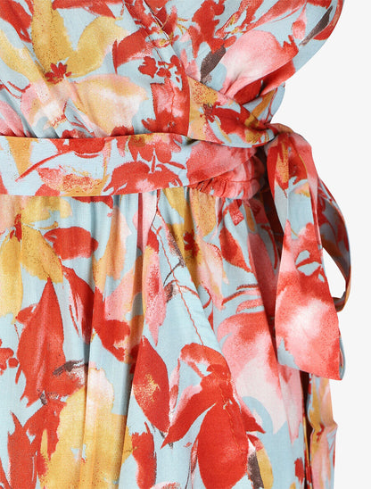 Robe longue fleurie manches courtes - Bleu ciel - 4