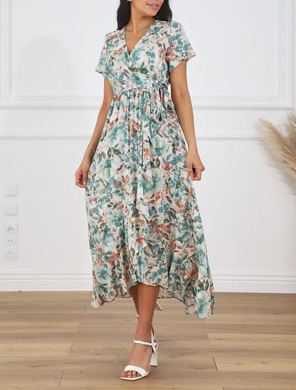 Robe longue fleurie manches courtes - Vert d&