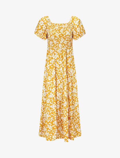 Robe imprimé fleuri à manches élastiquées - Jaune - 1