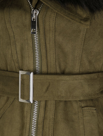 Manteau ajusté à intérieur fourré - Kaki - 3
