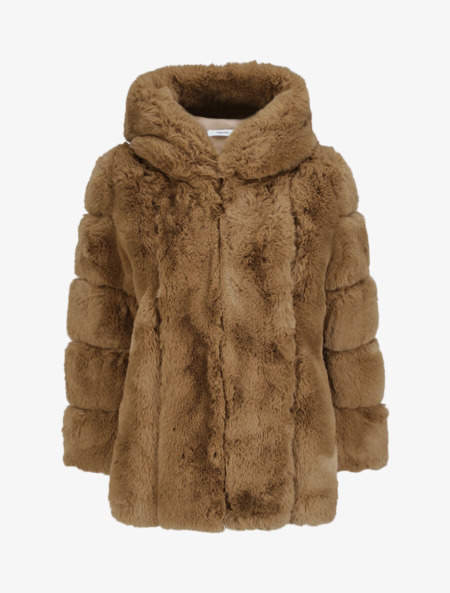 Manteau en fausse fourrure à capuche - Camel - 4