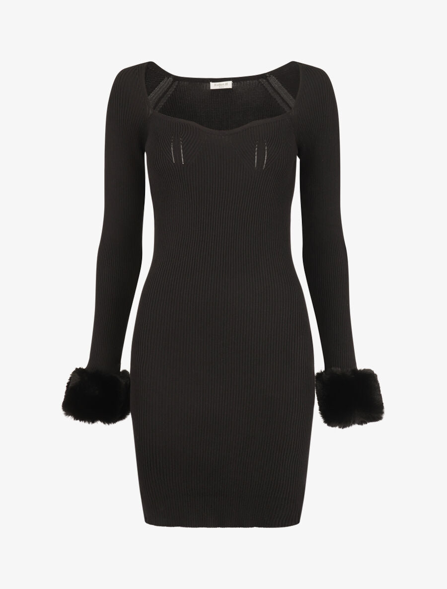 Robe pull à encolure coeur et poignets en fausse fourrure - Noir - 4