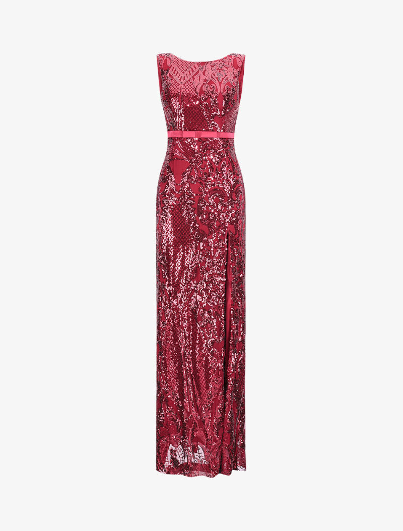 Robe longue fendue à sequins et décolleté dans le dos - Bordeaux - 1