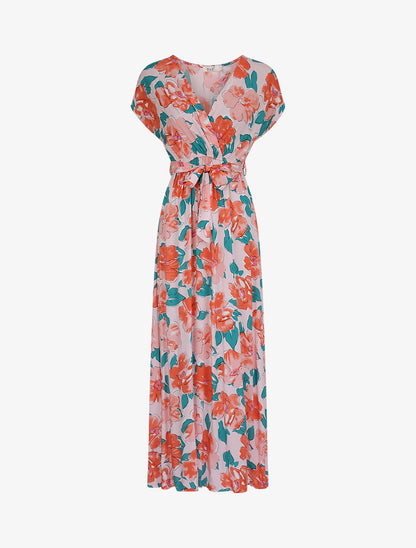 Robe longue empire à manches courtes et imprimé floral - Rose - 4