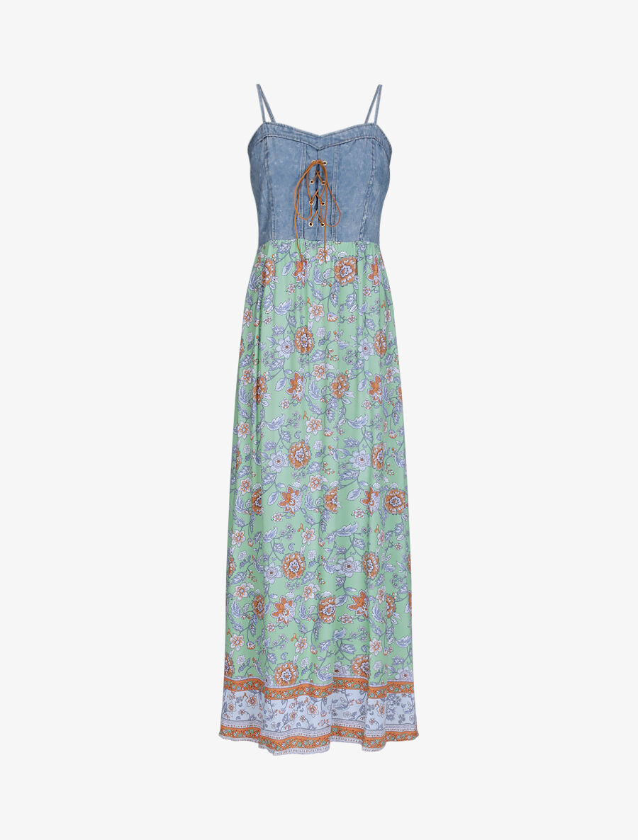 Robe longue empire à corset et imprimé fleurs baroques - Vert - 1