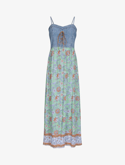 Robe longue empire à corset et imprimé fleurs baroques - Vert - 1