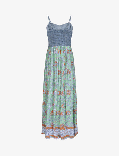 Robe longue empire à corset et imprimé fleurs baroques - Vert - 2