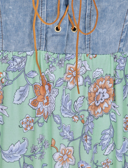 Robe longue empire à corset et imprimé fleurs baroques - Vert - 3