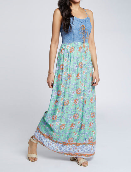 Robe longue empire à corset et imprimé fleurs baroques - Vert - 4