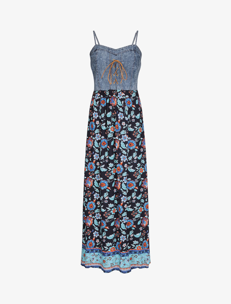 Robe longue empire à corset et imprimé fleurs baroques - Marine - 1