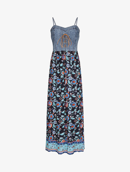 Robe longue empire à corset et imprimé fleurs baroques - Marine - 1