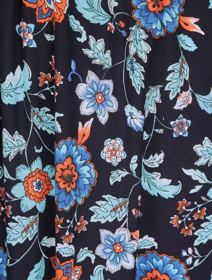 Robe longue empire à corset et imprimé fleurs baroques - Marine - 3