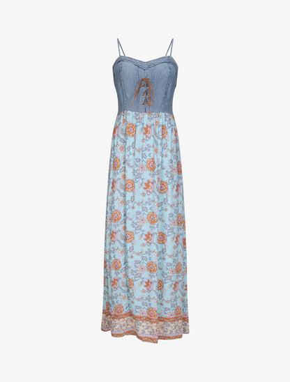Robe longue empire à corset et imprimé fleurs baroques - Bleu ciel - 1