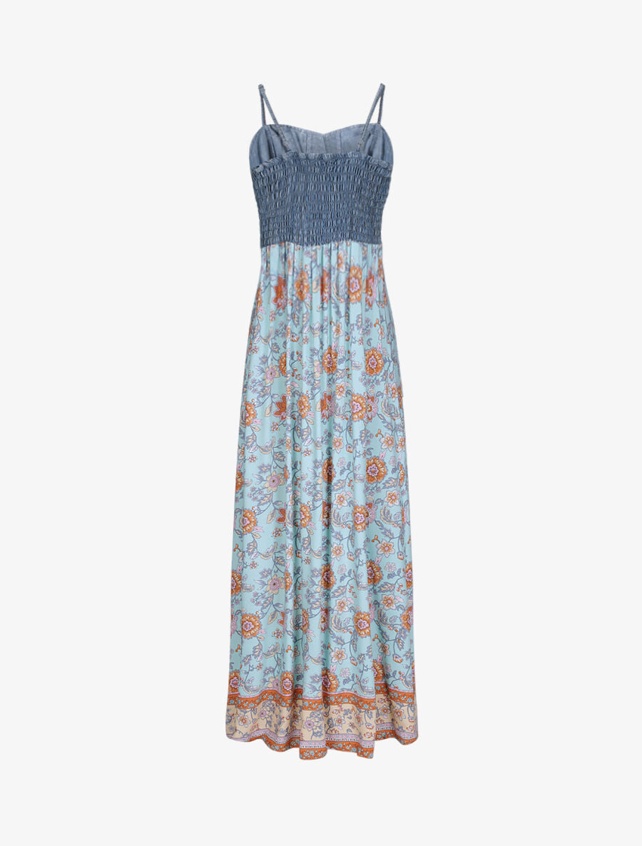 Robe longue empire à corset et imprimé fleurs baroques - Bleu ciel - 2