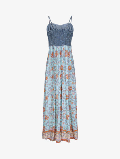 Robe longue empire à corset et imprimé fleurs baroques - Bleu ciel - 2