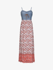 Robe longue empire à corset et imprimé fleurs stylisées - Rouge - 4
