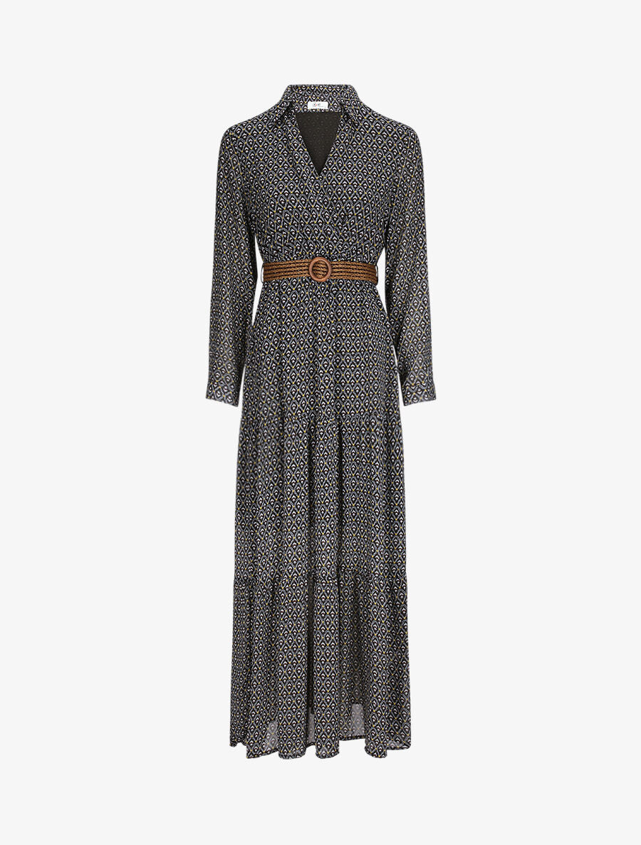 Robe longue empire imprimé faience - Noir - 4