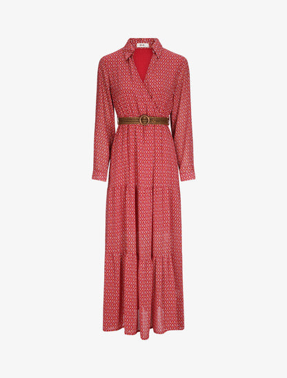 Robe longue empire imprimé faience - Rouge - 1