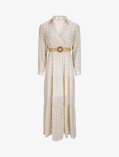 Robe longue empire imprimé pois stylisés - Beige - 1