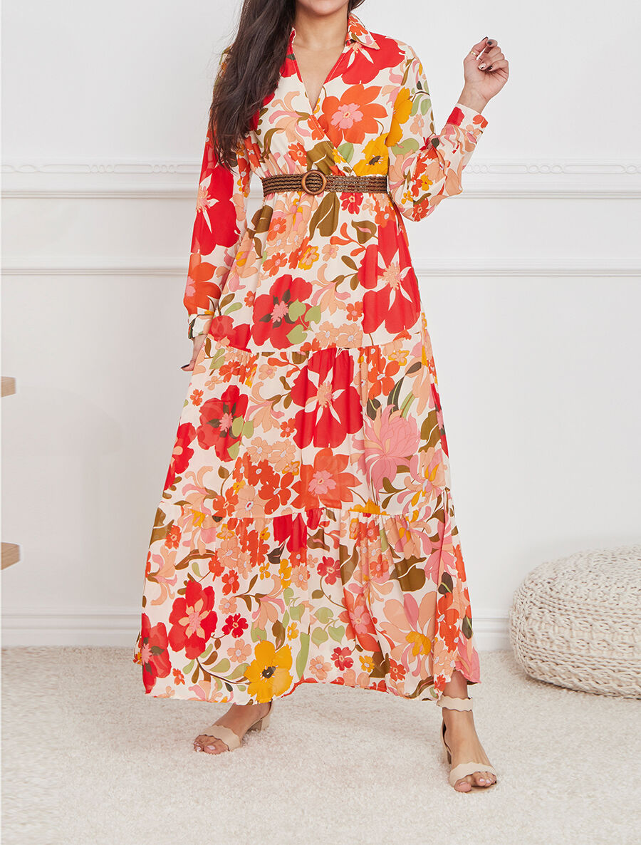 Robe longue cache-coeur à imprimé grandes fleurs - Beige - 5