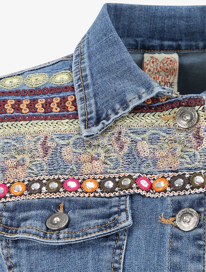 Veste bi-matière ornée de sequins et de broderies - Bleu denim - 4