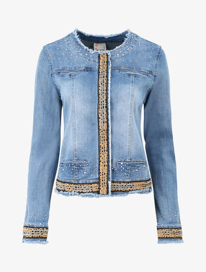 Veste en jean ornée de strass et bande léopard - Bleu denim - 2