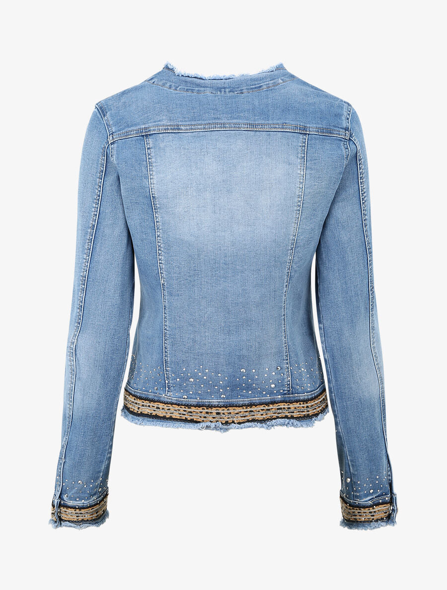 Veste en jean ornée de strass et bande léopard - Bleu denim - 3