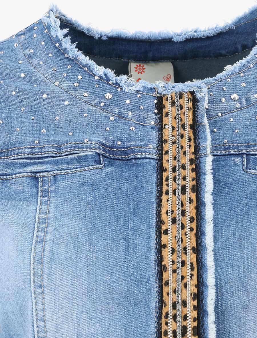 Veste en jean ornée de strass et bande léopard - Bleu denim - 4