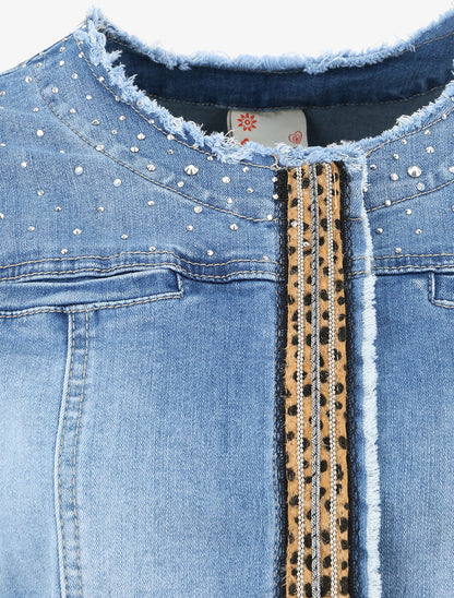 Veste en jean ornée de strass et bande léopard - Bleu denim - 4
