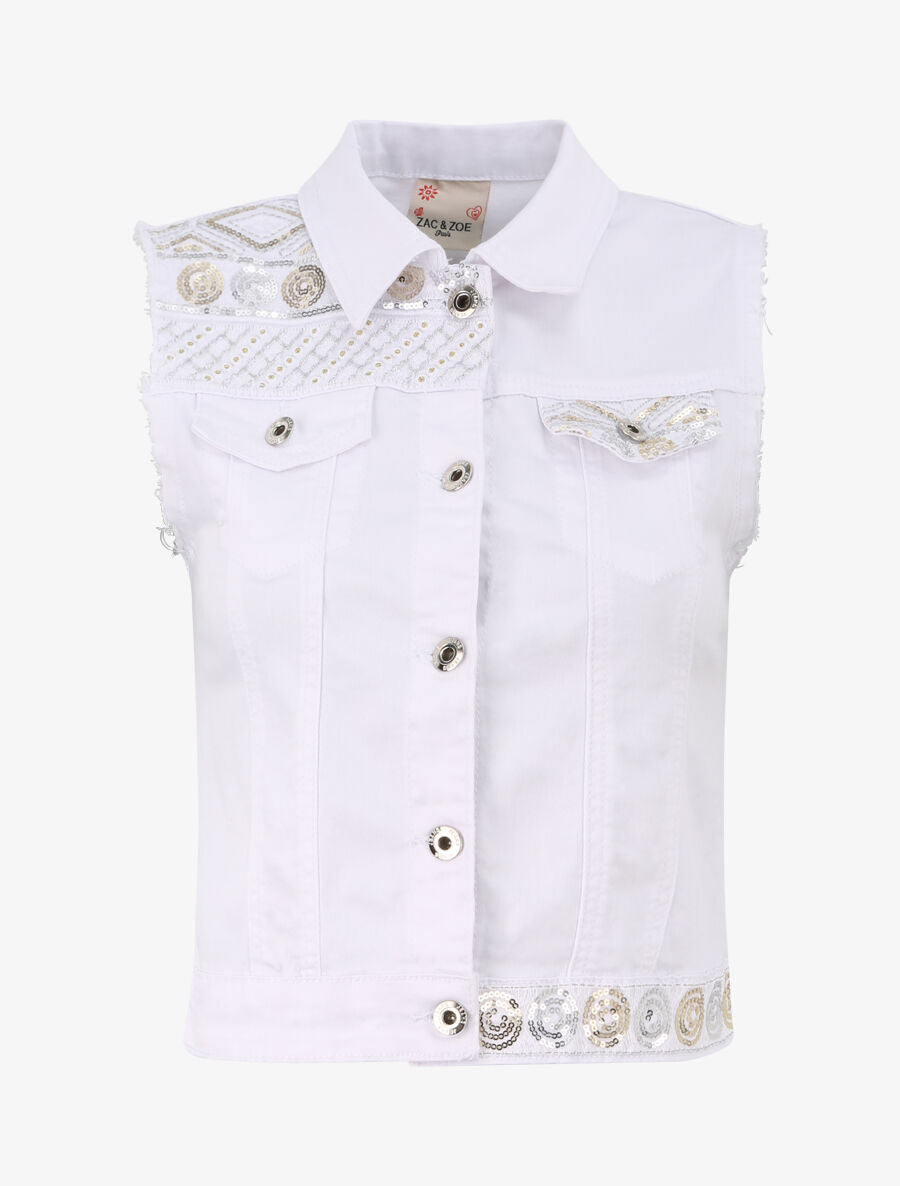 Veste en jean sans manches ornée de sequins et de broderies - Blanc - 4