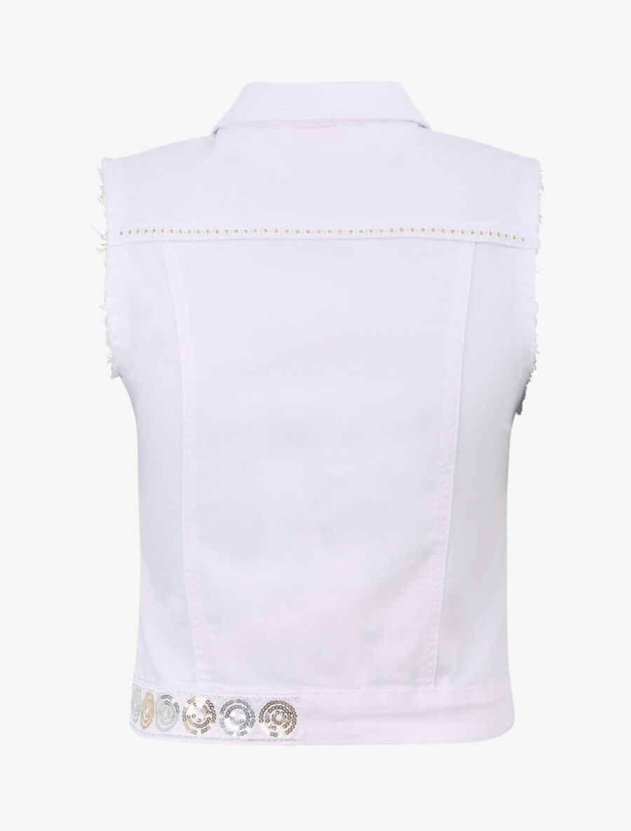 Veste en jean sans manches ornée de sequins et de broderies - Blanc - 2