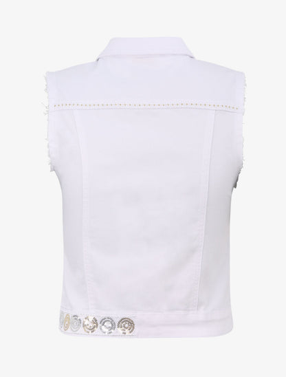 Veste en jean sans manches ornée de sequins et de broderies - Blanc - 2