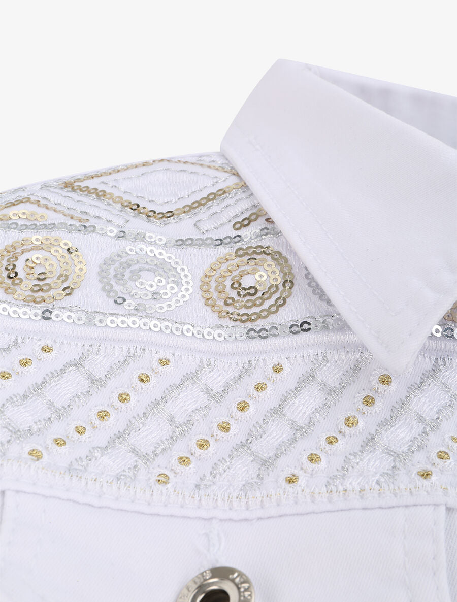 Veste en jean sans manches ornée de sequins et de broderies - Blanc - 3