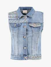 Veste en jean sans manches ornée de sequins et de broderies - Bleu denim - 1