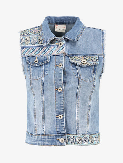 Veste en jean sans manches ornée de sequins et de broderies - Bleu denim - 1