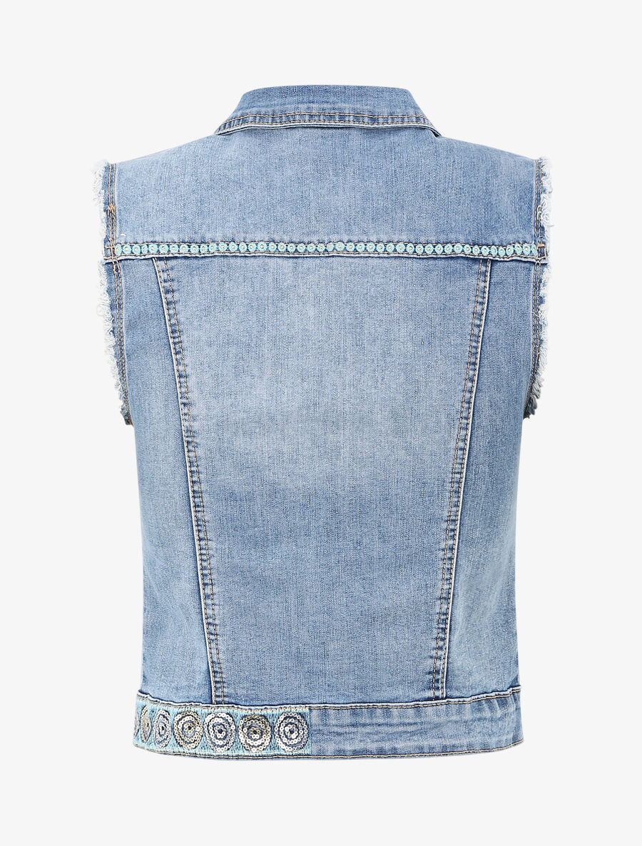 Veste en jean sans manches ornée de sequins et de broderies - Bleu denim - 2