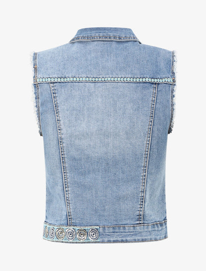 Veste en jean sans manches ornée de sequins et de broderies - Bleu denim - 2