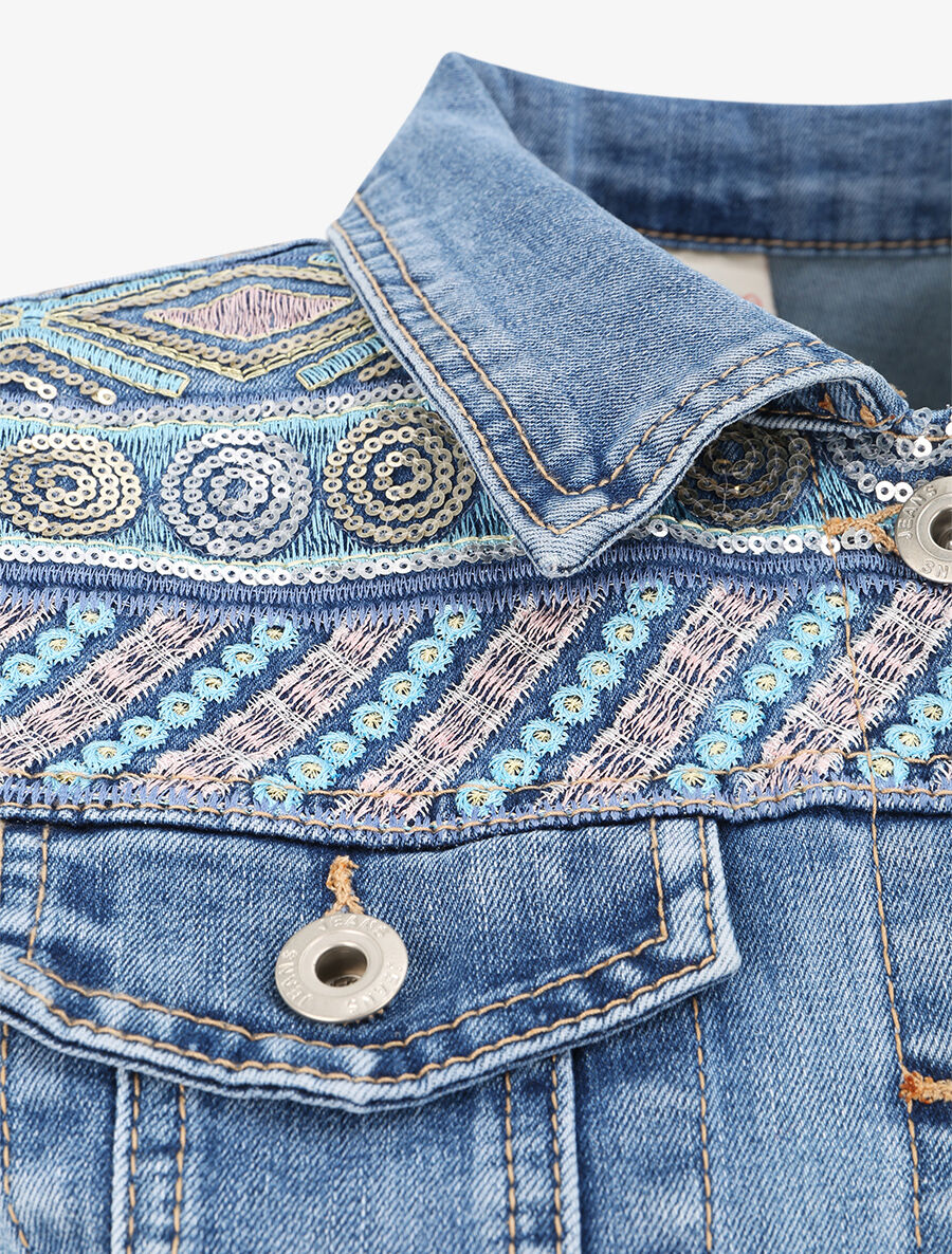 Veste en jean sans manches ornée de sequins et de broderies - Bleu denim - 3