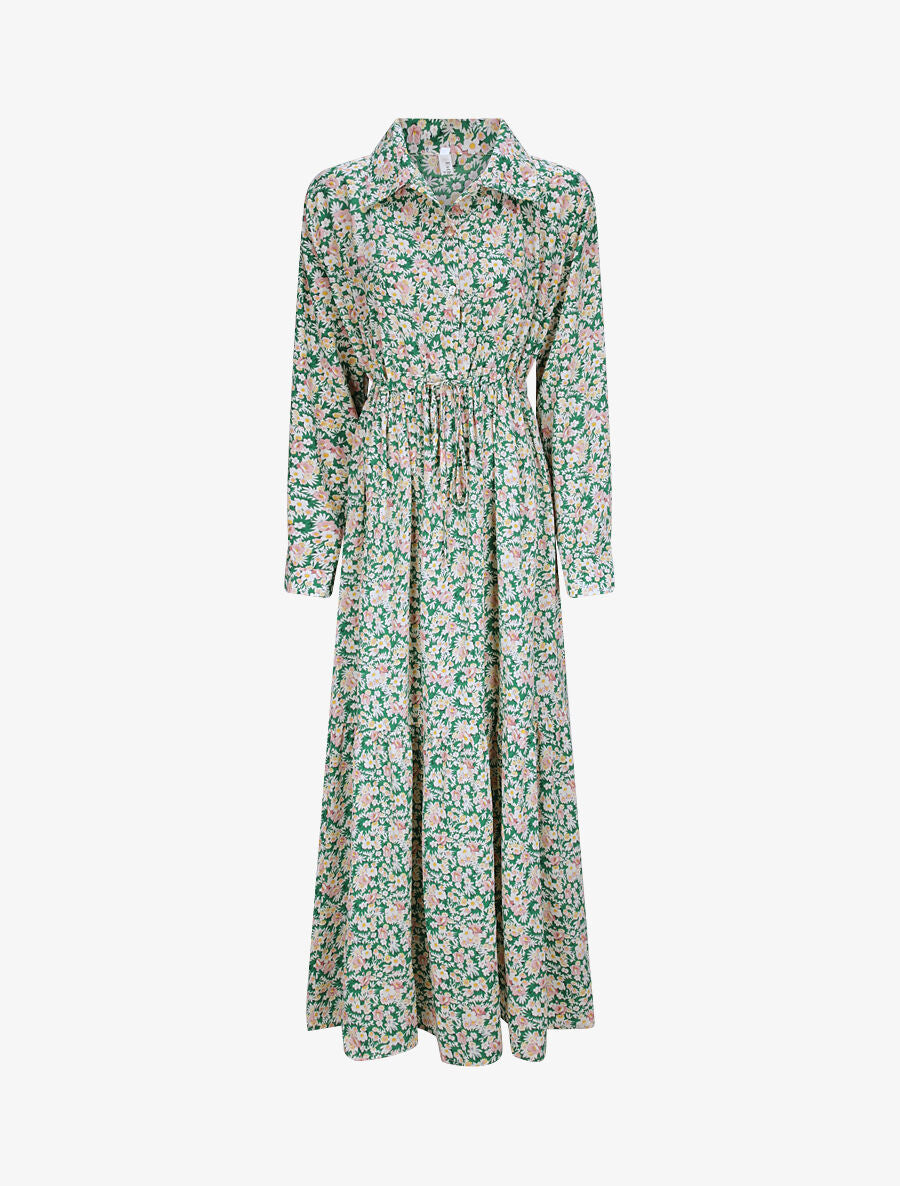 Robe longue évasée à manches longues et imprimé fleurs des champs - Vert - 4
