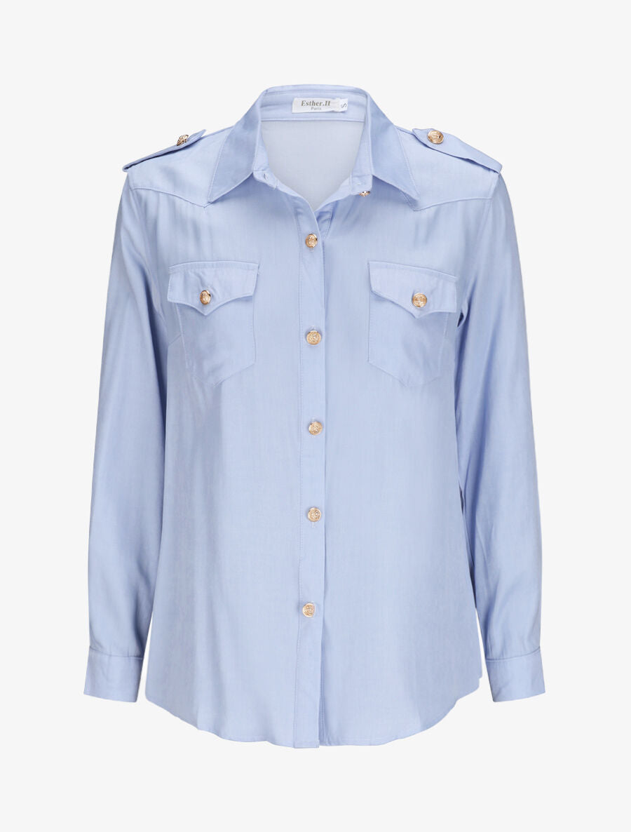 Chemise droite unie à poches à rabat - Bleu clair - 1