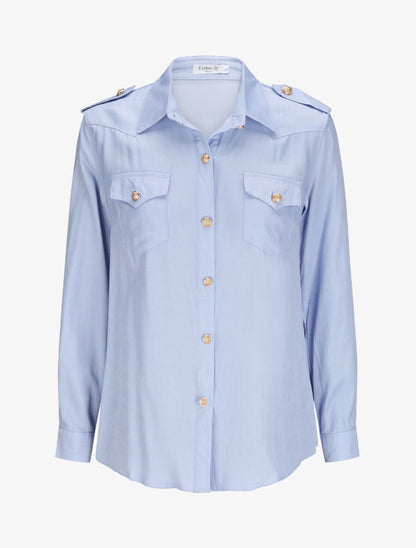Chemise droite unie à poches à rabat - Bleu clair - 1