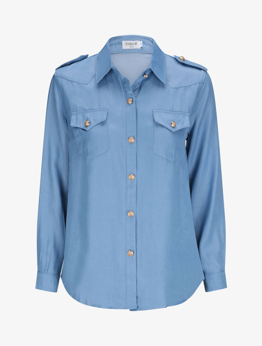 Chemise droite unie à poches à rabat - Bleu - 4