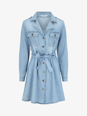 Robe patineuse courte en jean à col cranté - Bleu - 1