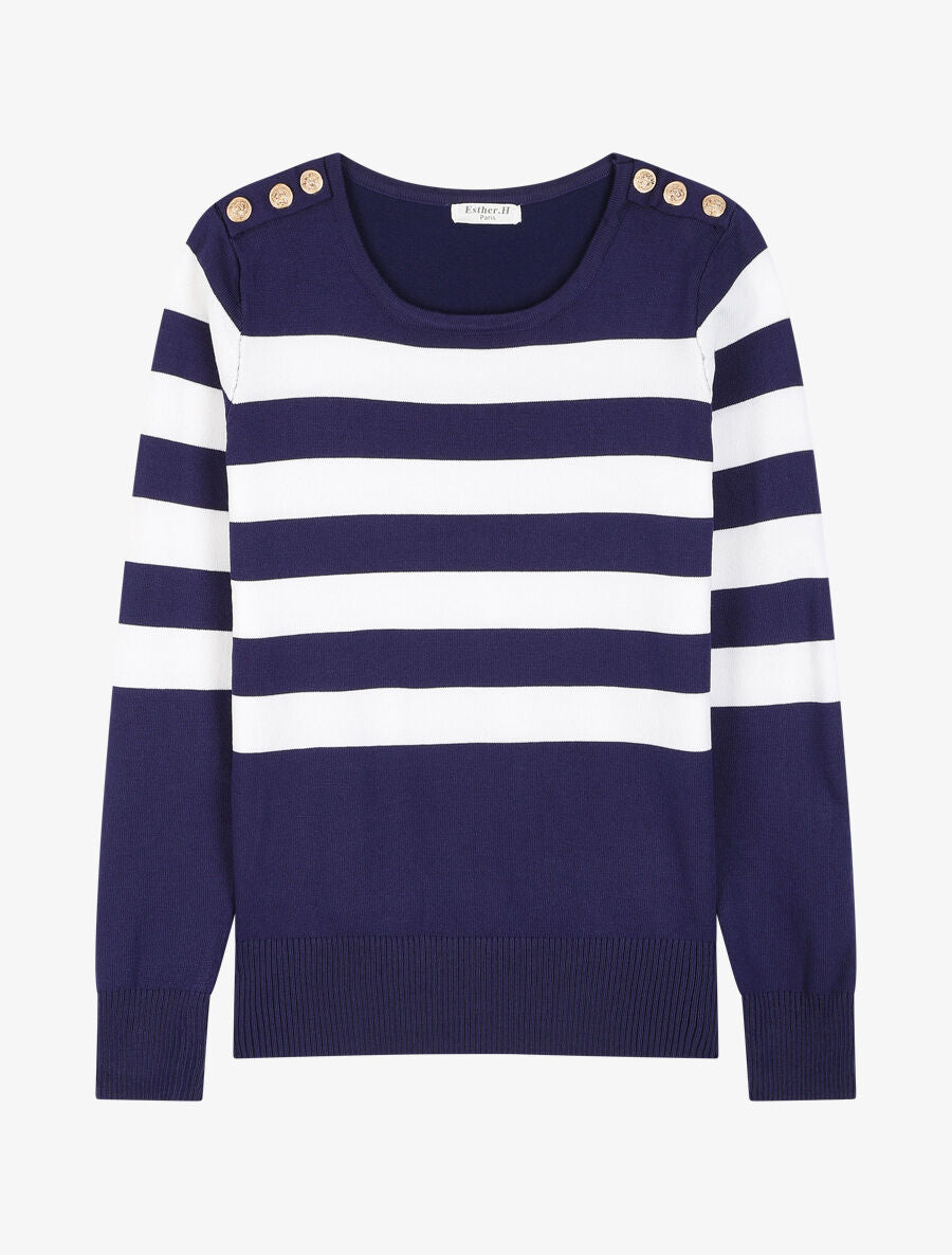 Pull à rayures et épaules boutonnées - Marine - 4