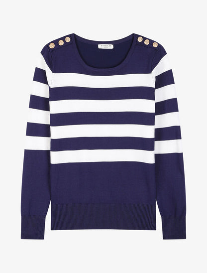 Pull à rayures et épaules boutonnées - Marine - 4